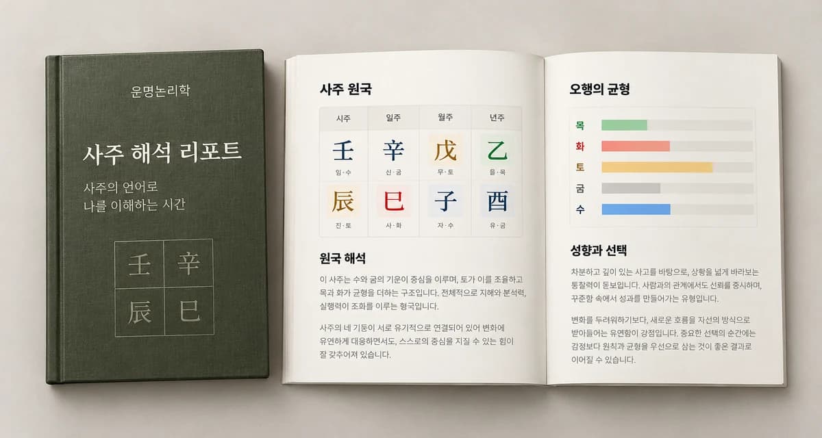 사주 입문 리포트 표지와 본문을 표현한 이미지